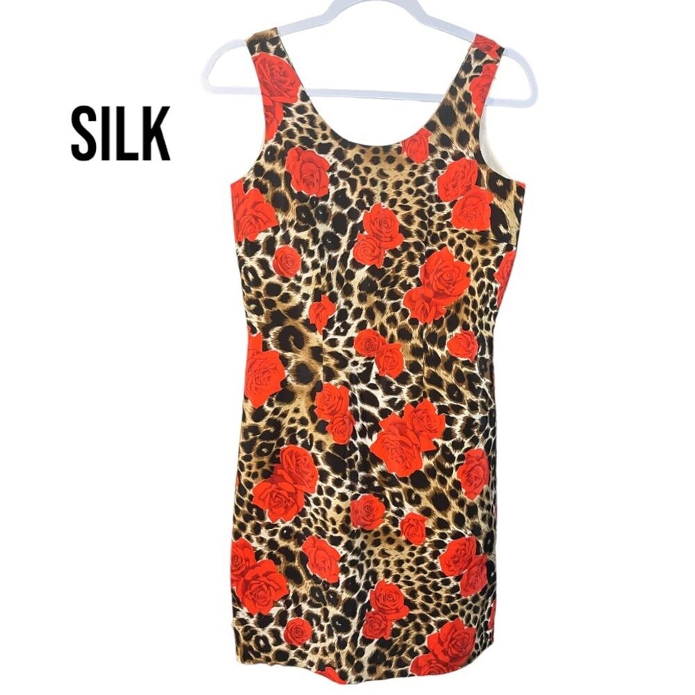 Bloomingdale's Vintage 90s Y2K SILK Leopard Animal Print Red Roses Mini Dress 2P